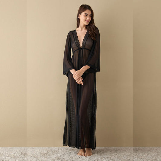 Long Nighty Dress with Textured and V-neck